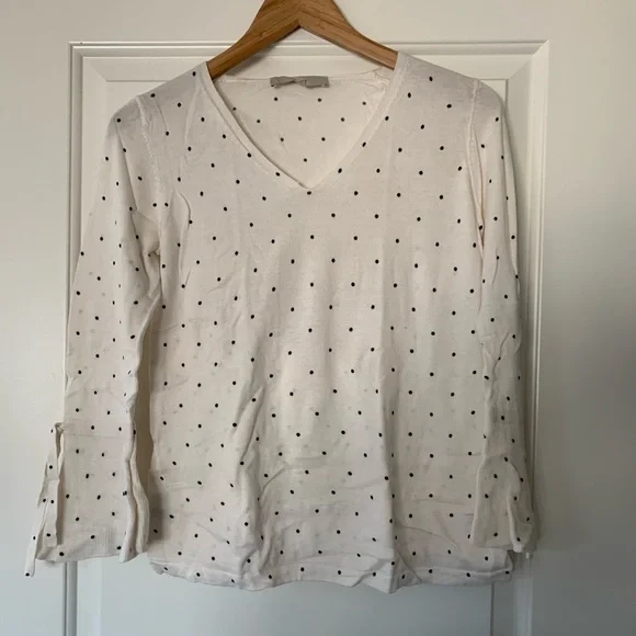 Ann Taylor small polka dot bell sleeve sweater cardigan black white work career - Picture 3 of 5